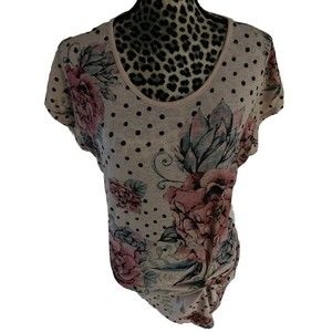 Cocos Clozet Blouse Women L Pink Floral Poka Dot Short Sleeve Round Neck